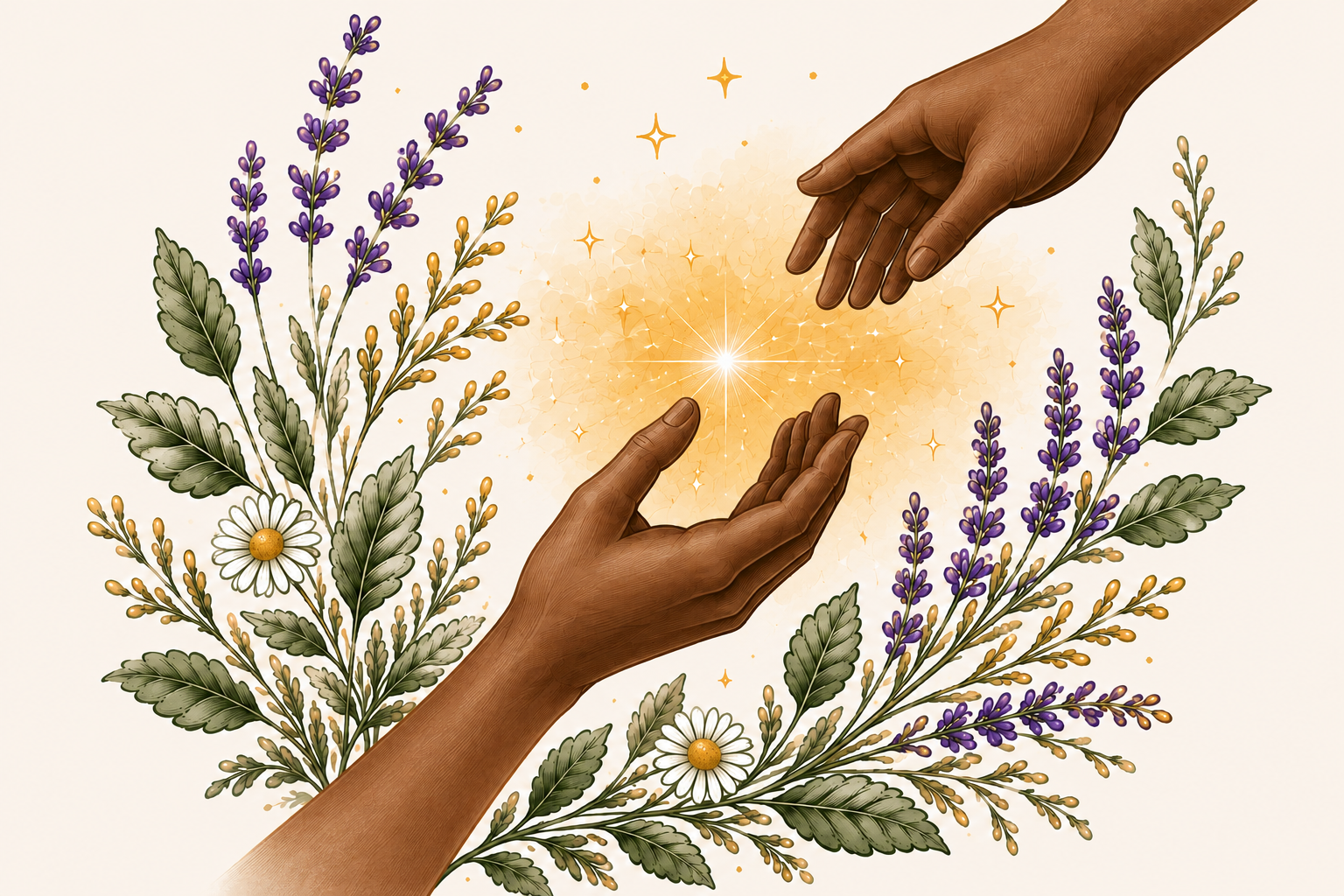 Two hands reaching toward one another through botanical elements